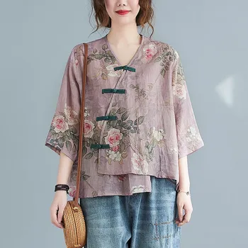 Дамски летни памучни ленени ежедневни ризи Нови 2021 китайски стил реколта v-образно деколте цветен печат хлабав женски половин ръкав върховете B304