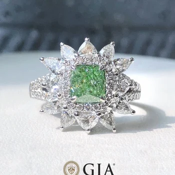 GIA 1.03ct 18K злато фантазия светло жълтеникаво зелени диаманти сватба годежни женски пръстени за жени фини диаманти пръстен