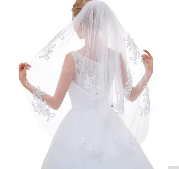 Pretty White/Ivory Tulle Bride Velo Двуслойни сватбени аксесоари с кристали мъниста Boda Velo De Novia 2023