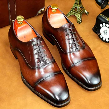Phenkang мъже италиански Wingtip естествена кожа Оксфорд обувки заострени пръсти дантела нагоре Оксфорд рокля сватба бизнес мъжки платформа обувки
