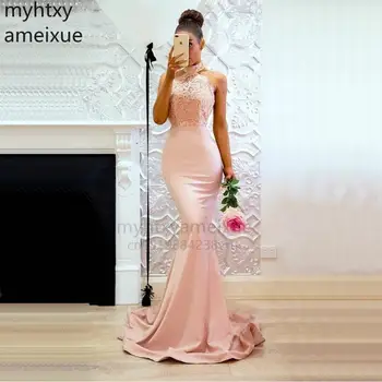 Розова русалка Събитие Персонализирана вечерна рокля 2023 рокли Дълъг халтер-деколте Еластични сатенени апликации Дантелена рокля Robe De Soiree