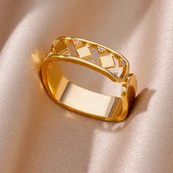 Квадратни пръстени от неръждаема стомана за жени Позлатен цирконов кух пръстен за пръсти 2023 Ново в тенденциозни сватбени бижута Anillos Mujer