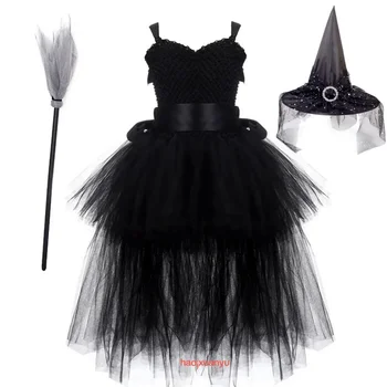 2023 Вампирски косплей детски карнавален костюм шапка метла облекло комплекти Хелоуин деца момичета вещица парти рокля за Коледа