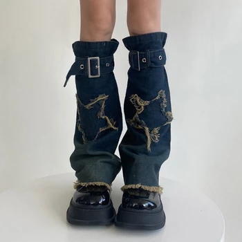 Women Star/Crosses Denims Leg Warmers Jeans Long Leg Cover Gothic Punk Loose High Knee Socks Stockings Y2K Streetwear