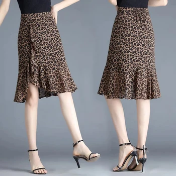2023 Нова рокля от шифон с леопардов принт Неправилна висока талия Една стъпка пакет Хип средно дълги тънки рибена опашка пола дрехи за жени