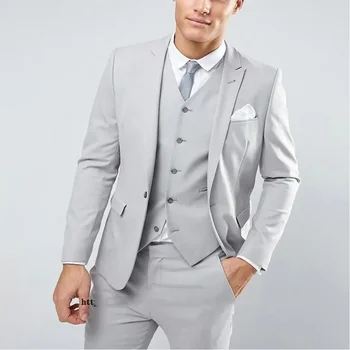 Leisure Men Suits Slim Fit Grey Skinny 3 Piece Jacket Pants Vest Peak Lapel Single Breasted Daily Outfits Casual Blazer Terno