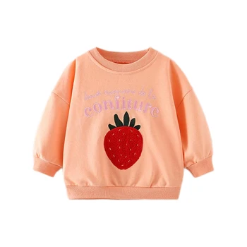 2023 Бебе момичета оранжев суитчър памук с ягода прекрасни деца есен и пролет ежедневни дрехи за деца 2-8 година
