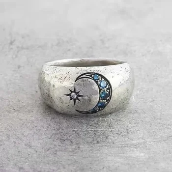 изящна мода слънце луна пръстени за жени реколта сребърен цвят инкрустирани сини камъни годежен сватбен пръстен бижута за жени