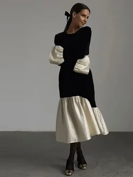 Мода О-образно деколте Пачуърк Свободна Midi рокля за жени 2024 Пролет есен твърди рокли ръкав шик офис дама streetwear