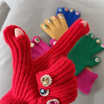 Дамски зимни ръкавици еластичен топъл сензорен екран случайни дълги диамантени ръкавици трикотажни ръкавици mitaine femme