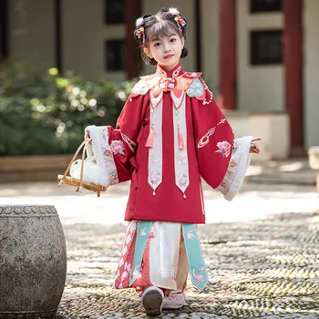 Зимна сгъстена роба Топла цветна бродерия Детски рокли Ханфу момичета костюм Китай Нова година пролетен фестивал облекло