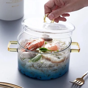 градиент цвят стъкло тенджера саксия с капак топлоустойчив готвене стъклен пот готварски плот безопасно за паста юфка супа мляко