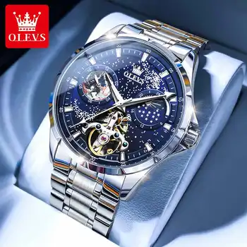 OLEVS Мъжки автоматичен часовник скелет звездно небе лунна фаза светлинен водоустойчив механичен часовник от неръждаема стомана за мъже