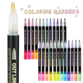 24pcs блясък маркери двойна линия блясък очертания писалки оцветяване писалки за боядисване занаятчийски карти