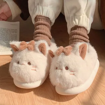 2024 карикатура сладък котка чехли жени пухкави кожени чехли платформа закрит къща обувки зима Kawaii животински уютен дом слайдове обувки