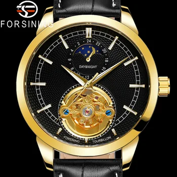 FORSINING Мъжки ръчен часовник Военен спорт Автоматичен механичен мъжки часовник Топ марка Луксозна естествена кожа Скелет Man Watch 8197