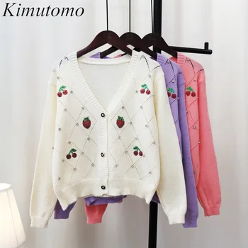 Kimutomo Нежна ягода череша пайети карирана куха мъниста пуловер жена шик v-образно деколте единична гърда дълъг ръкав плета жилетка