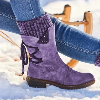 Жени средата теле ботуши зимни обувки жени плосък петата обувка мода плетене пачуърк дамски ботуши жена сняг botas каубойски ботуши