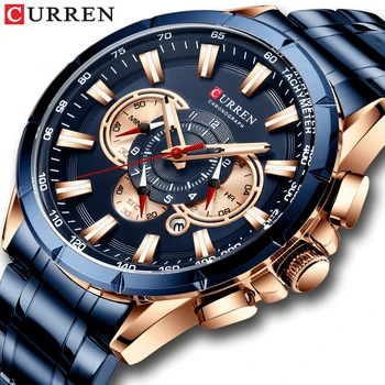 Мъжки часовник Топ луксозна марка Curren Big Dial Blue Quartz Men Watches Chronograph Sport Wristwatch Man Stainless Steel Date Clock