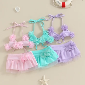 Baby Girl Summer Swimsuit 2 Piece Bikini Set, Halter Neck 3D Flower Tie Up Tops + Elastic Waist Shorts Sheer Mesh Bathing Suit