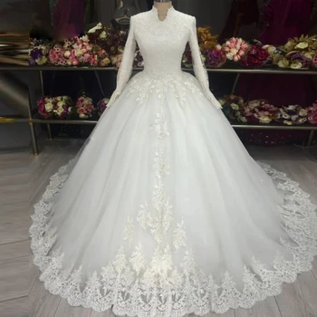 2023 Разкошни мюсюлмански сватбени рокли дантела високо деколте дълги ръкави принцеса кралски булчински рокли vestido de novia плюс размер