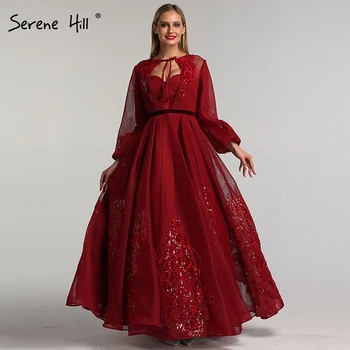 Винено червено Секси вечерни рокли с дълъг ръкав 2023 Ръчно изработени цветя Тюл с пайети Дълги вечерни рокли Serene Hill BLA60810