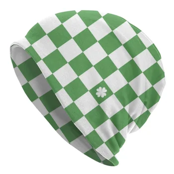 шахматна дъска модел четирилистна детелина в зелен капак шапка плетена шапка възрастен Свети Патрик Ден Зимни черепи шапки капачки