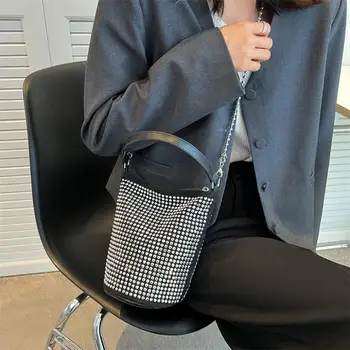 Мода Rhinestone рамо чанта блясък диамант PU кожена кофа Totes чанта жени открит бизнес пътуване