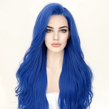 26Inches дълги вълнообразни сини блондинки синтетични дантелени предни перуки за коса за жени 180Density без лепило прозрачни дантелени перуки с бебешка коса