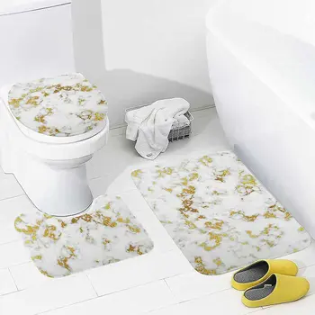 Килими и постелки за баня Комплекти 3 Piece Абстрактно злато бял мрамор печат миещи се без хлъзгане U-образен контур килим мат и капак