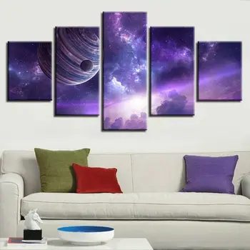 5P Планета в лилава мъглявина Плакати HD разпечатки Космически картини Модулен домашен декор 5 панел HD печат платно стена арт плакат без рамка