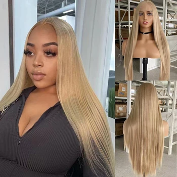 AIMEYA Gloden Blonde Wig Long Silky Straight Lace Front Wig Heat Resistant Natural Hairline Daily Use Synthetic Blond Wig