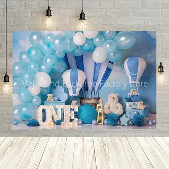 Mehofond Фон на балон с горещ въздух синьо небе бял облак момче новородено рожден ден фотография фон фото студио парти фоторазговор