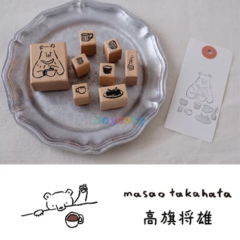 Малки неща X Masao Takahata Stamp Set, Bear Afternoon Tea Wooden Stampl Combination Set, Ретро мини ръчно рисувани консумативи