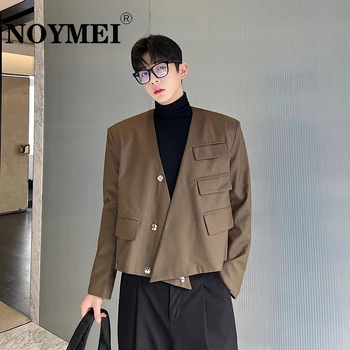 NOYMEI без яка неправилен дизайн къс костюм палто плътен цвят мъже корейски стил пролет нов 2024 модерен темперамент блейзър WA1940