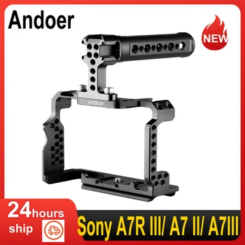 Andoer камера клетка комплект за Sony A7R III / A7 II / A7III алуминиева сплав с видео стенд горната дръжка дървена дръжка