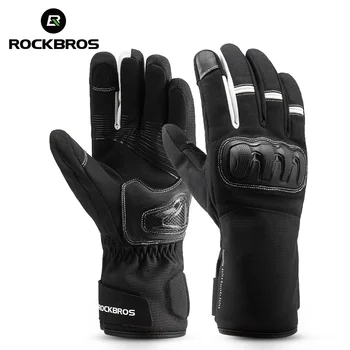 ROCKBROS Зимни ръкавици PU кожа нехлъзгащи ски ръкавици мотоциклет туризъм колоездене пълни пръсти сензорен екран TPU защитни ръкавици