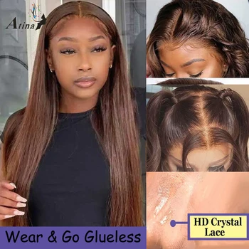 Носете Go Glueless Crystal HD дантела отпред перука за човешка коса кафява оцветена права 13x6 HD дантела фронтални перуки прозрачни предварително оскубани