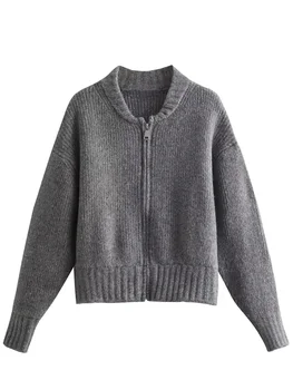 Мода сив плета O-образно деколте пуловер жилетка за жени High Street 2024 пролет случайни дама трикотаж дълъг ръкав женски връхни дрехи