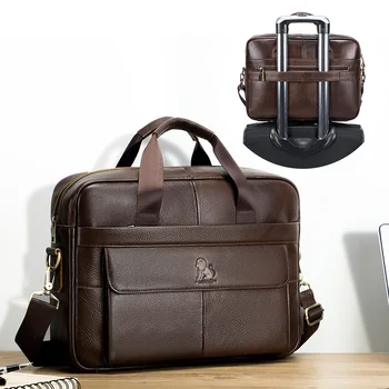 LAOSHIZI Мъжка кожена чанта Office Messenger куфарче Man естествена кожа 15.6