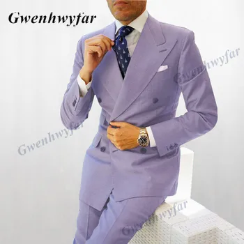 Gwenhwyfar високо качество бельо костюми мъжки връх ревера люляк/бебе синьо/зелено/червено младоженец мъже лято есен сватба костюми парти костюм