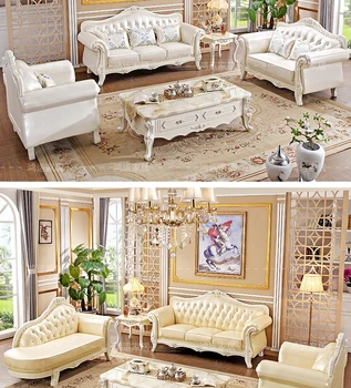 Нов диван в европейски стил Всекидневна светлина луксозен кожен диван масивно дърво издълбани прости европейски малък апартамент кожен диван