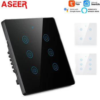 ASEER Tuya WiFi Smart Switch Бразилия 4x4 сензорен панел 4/6 Gang Light Switch, AC 110-240V APP Control работа с Alexa, Google Home
