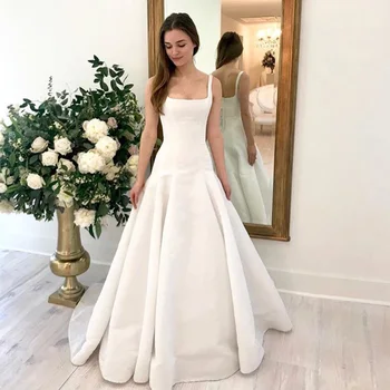 2019 Ново пристигане обвивка сватбена рокля квадратна яка секси булчинска рокля без гръб с почистване Влак vestido de noiva Прост
