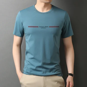 Нов 95% памук 5% спандекс марка печат обикновени върхове лятна тениска мъже 2023 кръг врата къс ръкав случайни мода мъжки дрехи