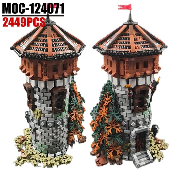 MOC Средновековен замък Каменна кула Комплект строителни блокове Средновековна сцена Есен Гора Дърво Къща Тухли Играчки Момчета Подарък