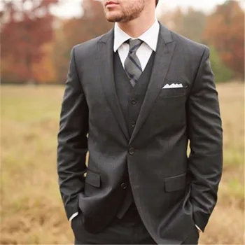 Нов въглен Официален младоженец сватбени костюми за мъже 3бр (яке + панталони + жилетка + вратовръзка) Slim Fit Blazer панталони вечеря парти износване облекло