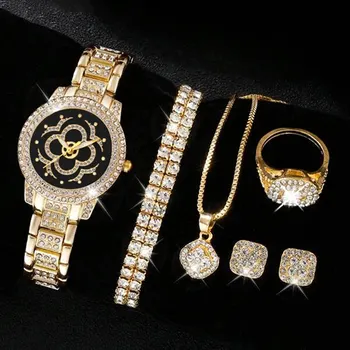 7PCS комплект жени луксозни случайни мода кварцов часовник огърлица обица гривна пръстен ръчни часовници рокля часовник комплект Montre Femme