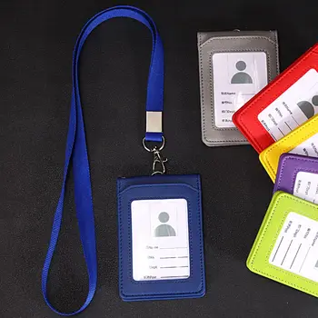 PU кожени канцеларски материали студент врата каишка монета чанта автобус карти покритие значка притежателя карта притежател с ремък ID бюро организатор