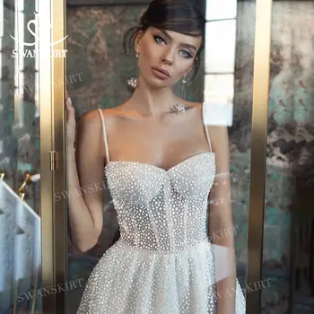 Лъскава сватбена рокля без ръкави 2023 Нов плаж Beaded A-Line влак булката рокля принцеса SwanSarah L103 плюс размер Vestido De Novia